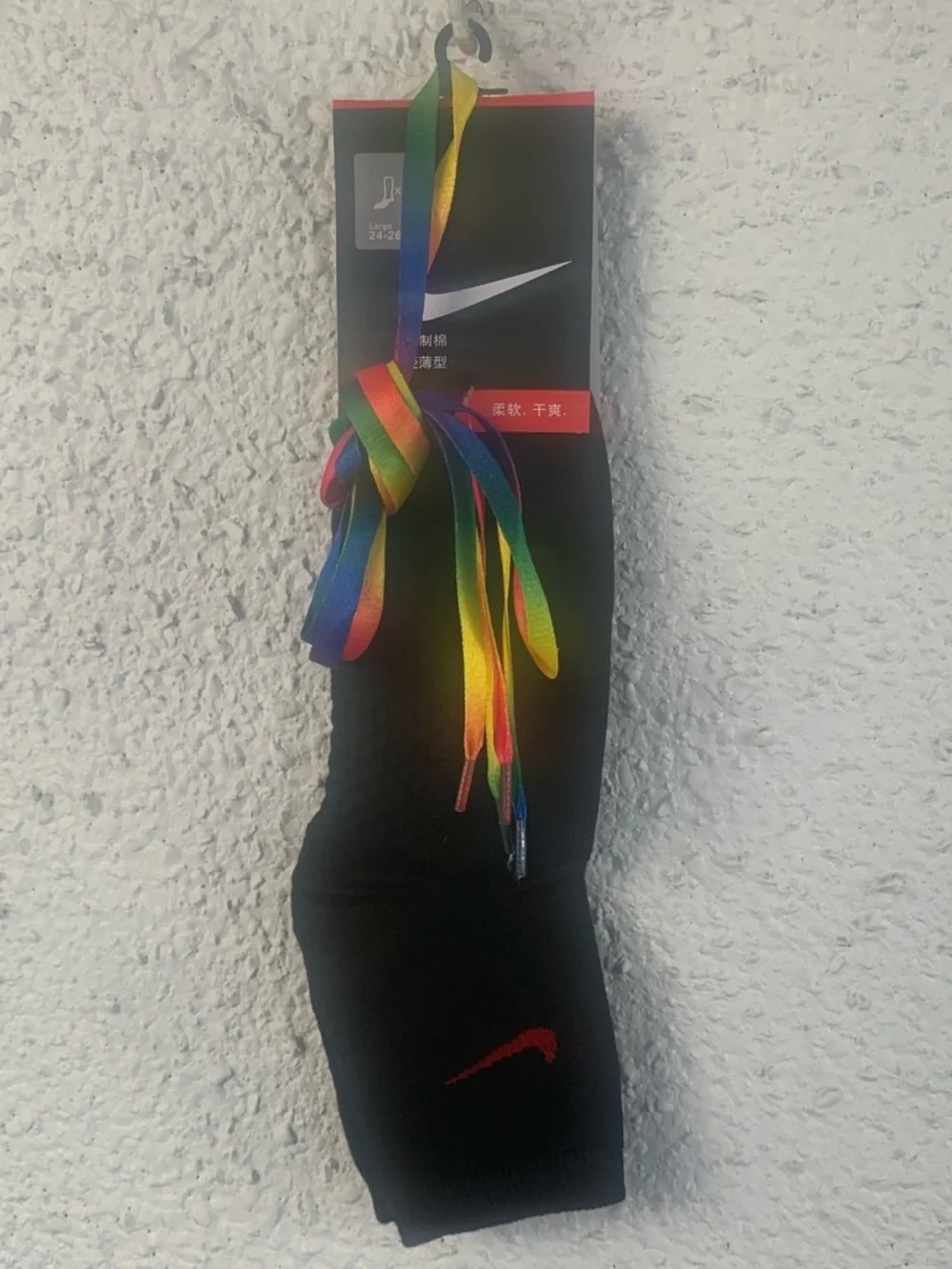 Nike Black Athletic Socks with Red Swoosh and Rainbow Laces